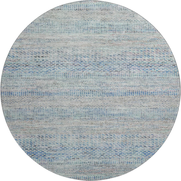 HomeRoots 8' Blue Gray and Ivory Striped Round Rug - Washable, UV-Protected, Perfect for Homes with Kids & Pets 695495