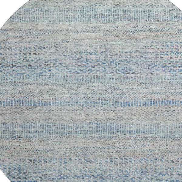 HomeRoots 8' Blue Gray and Ivory Striped Round Rug - Washable, UV-Protected, Perfect for Homes with Kids & Pets 695495