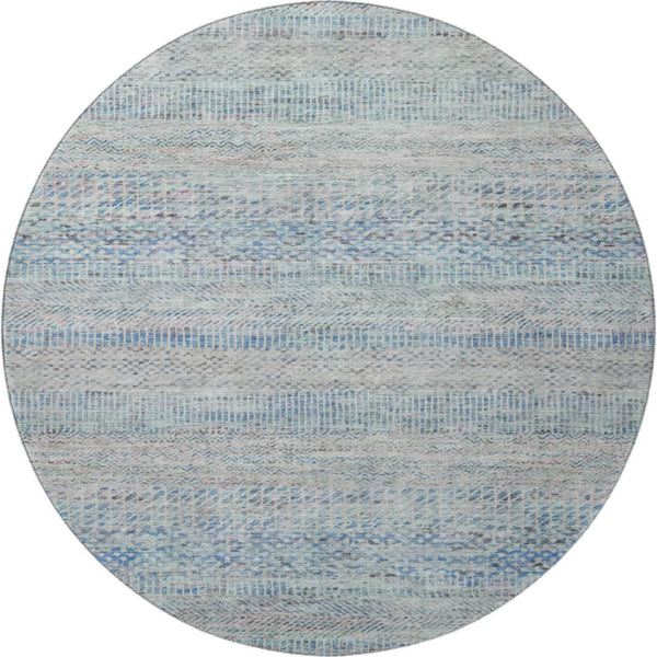 HomeRoots 8' Blue Gray and Ivory Striped Round Rug - Washable, UV-Protected, Perfect for Homes with Kids & Pets 695495