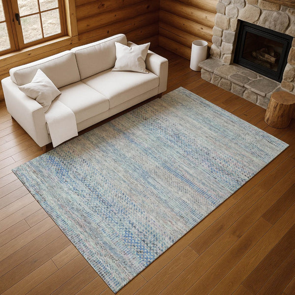 HomeRoots 9' X 12' Stylish Blue Gray & Ivory Striped Washable Area Rug with UV Protection for Any Space 695497