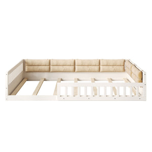 English Elm Wood Full Size Upholstered Platform Bed with Guardrail and Head Pillow, Sleek Silhouette, Sturdy 600lb Capacity Beige WF323090AAA