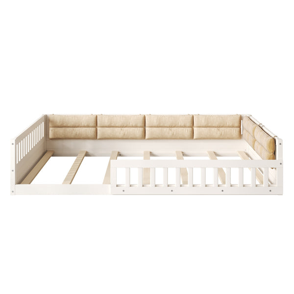 English Elm Wood Full Size Upholstered Platform Bed with Guardrail and Head Pillow, Sleek Silhouette, Sturdy 600lb Capacity Beige WF323090AAA