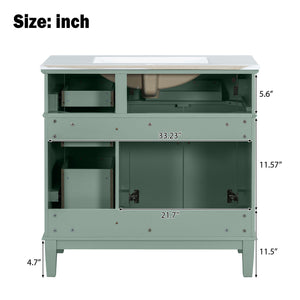 English Elm 36" Green Modern Bathroom Vanity with Ceramic Sink, 4 Soft-Close Drawers & Doors, Solid Wood Build N729P253935F