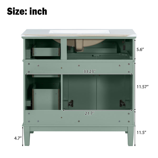 English Elm 36" Green Modern Bathroom Vanity with Ceramic Sink, 4 Soft-Close Drawers & Doors, Solid Wood Build N729P253935F