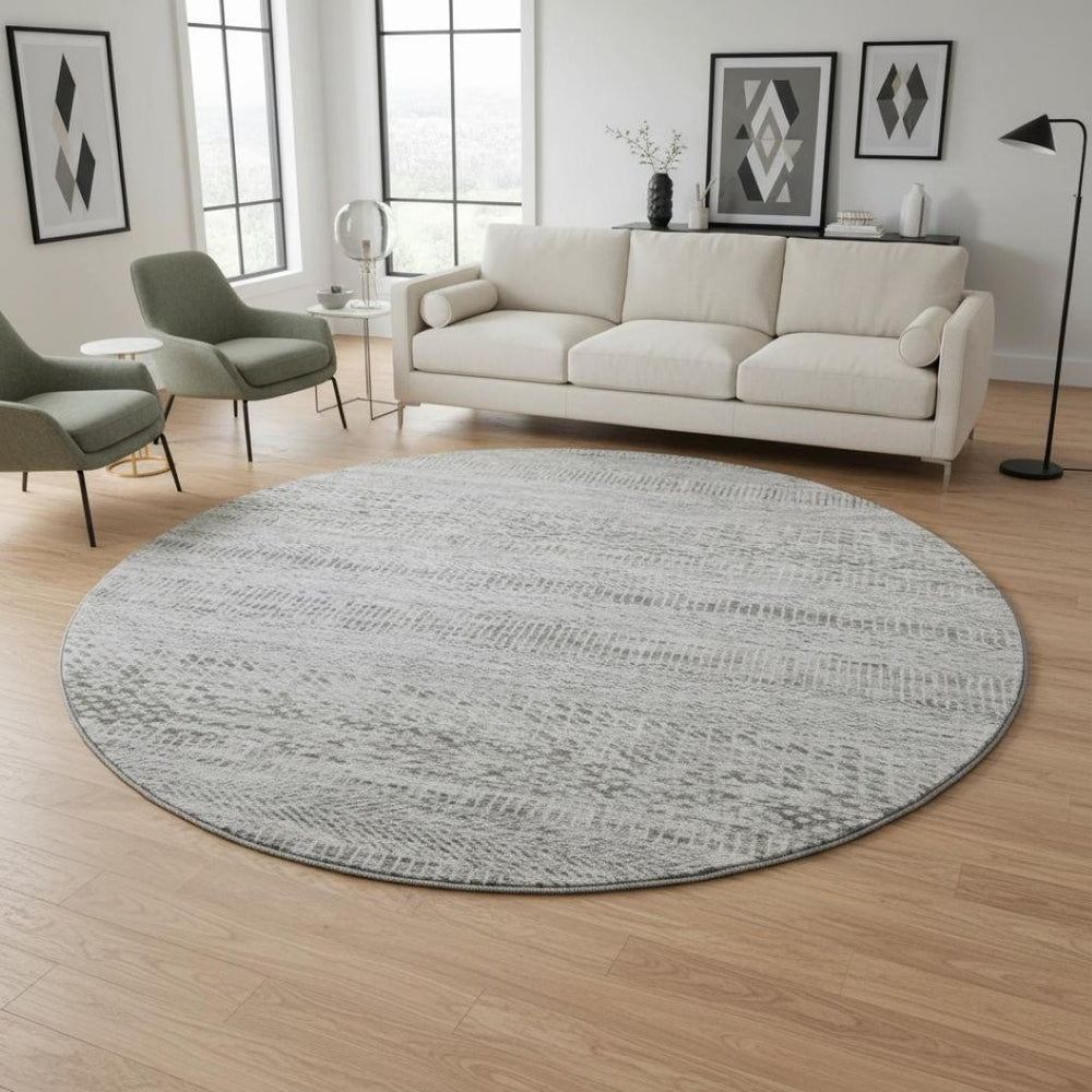 HomeRoots 8' Gray Charcoal and Silver Striped Washable Round Rug with UV Protection for High-Traffic Areas 695501