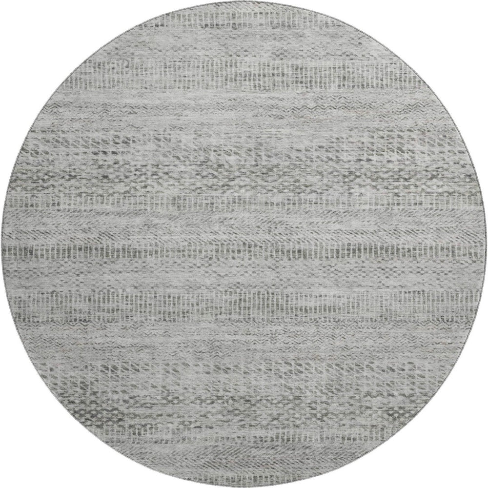 HomeRoots 8' Gray Charcoal and Silver Striped Washable Round Rug with UV Protection for High-Traffic Areas 695501