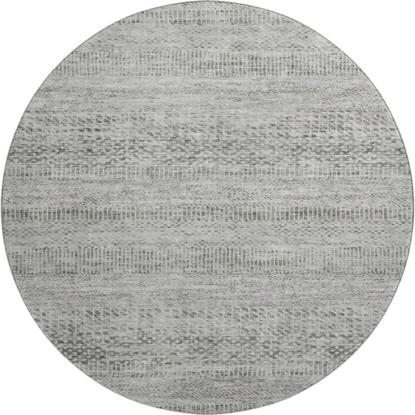 HomeRoots 8' Gray Charcoal and Silver Striped Washable Round Rug with UV Protection for High-Traffic Areas 695501