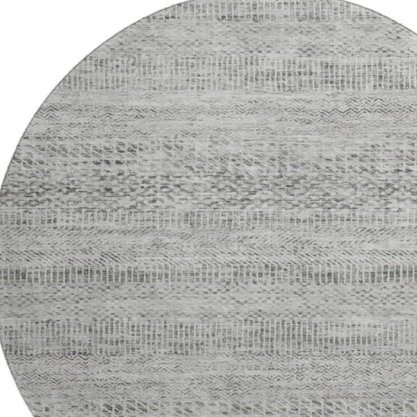 HomeRoots 8' Gray Charcoal and Silver Striped Washable Round Rug with UV Protection for High-Traffic Areas 695501