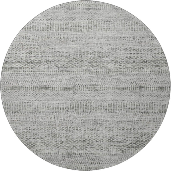 HomeRoots 8' Gray Charcoal and Silver Striped Washable Round Rug with UV Protection for High-Traffic Areas 695501
