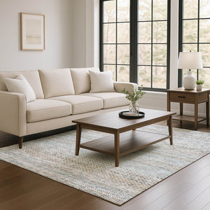 HomeRoots 5' X 8' Stylish Linen Gray & Taupe Striped Area Rug - Washable, UV Protected, Non-Slip Backing 695506