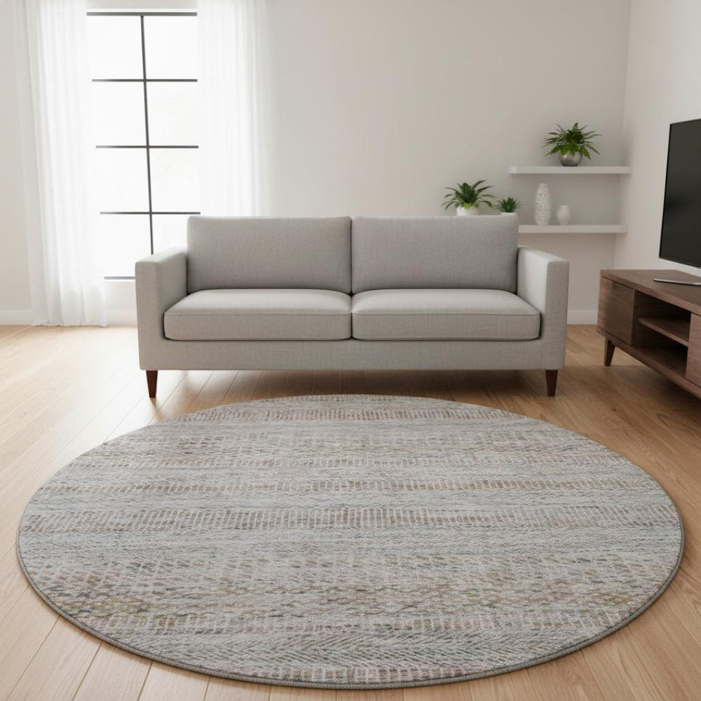 HomeRoots 8' Linen Gray and Taupe Striped Washable Round Rug - Durable, UV-Protected, Ideal for High-Traffic Areas 695507
