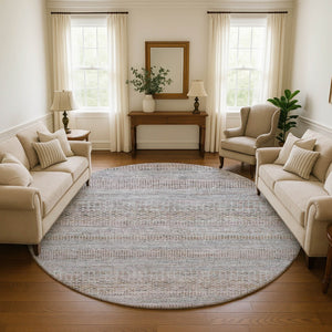 HomeRoots 8' Linen Gray and Taupe Striped Washable Round Rug - Durable, UV-Protected, Ideal for High-Traffic Areas 695507
