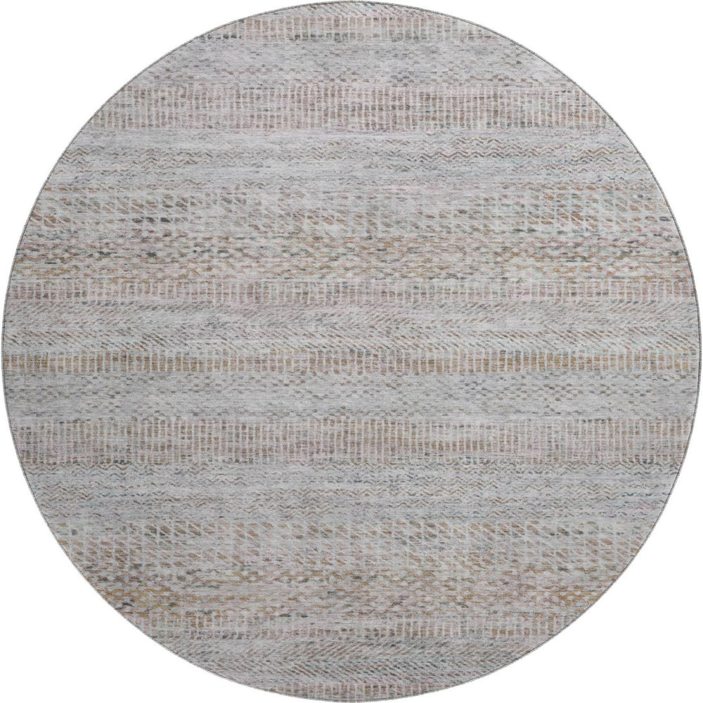 HomeRoots 8' Linen Gray and Taupe Striped Washable Round Rug - Durable, UV-Protected, Ideal for High-Traffic Areas 695507