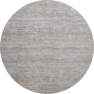HomeRoots 8' Linen Gray and Taupe Striped Washable Round Rug - Durable, UV-Protected, Ideal for High-Traffic Areas 695507