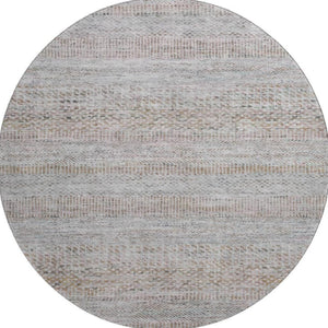 HomeRoots 8' Linen Gray and Taupe Striped Washable Round Rug - Durable, UV-Protected, Ideal for High-Traffic Areas 695507