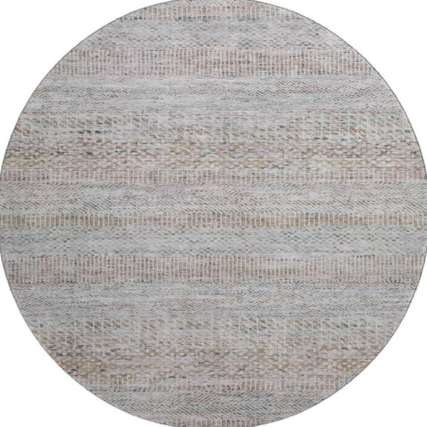 HomeRoots 8' Linen Gray and Taupe Striped Washable Round Rug - Durable, UV-Protected, Ideal for High-Traffic Areas 695507