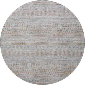HomeRoots 8' Linen Gray and Taupe Striped Washable Round Rug - Durable, UV-Protected, Ideal for High-Traffic Areas 695507