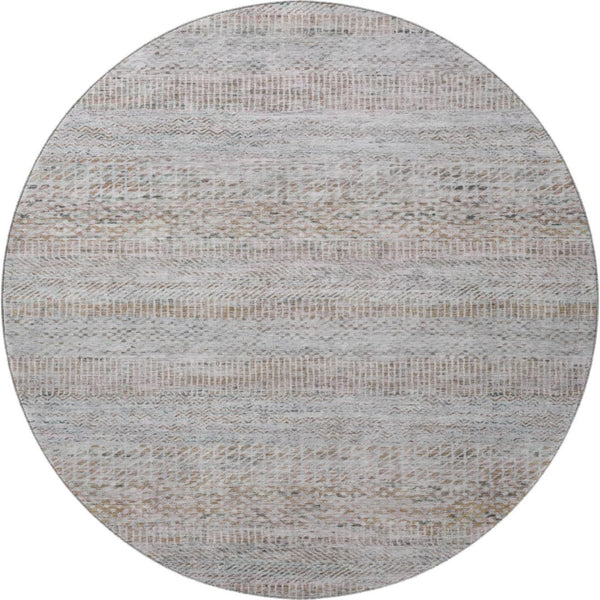 HomeRoots 8' Linen Gray and Taupe Striped Washable Round Rug - Durable, UV-Protected, Ideal for High-Traffic Areas 695507