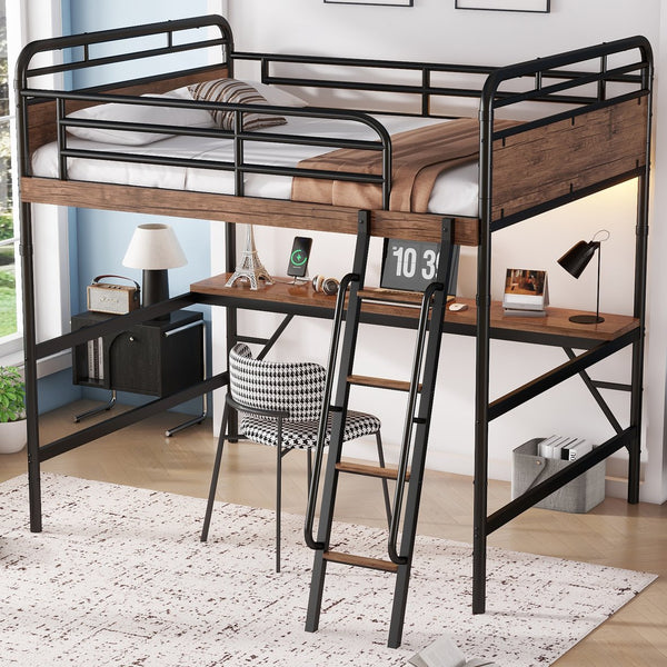 English Elm Full Size Metal Loft Bed with Desk, LED Light & Charging Station, MDF Panels, Safe Rounded Edges W2580P286695