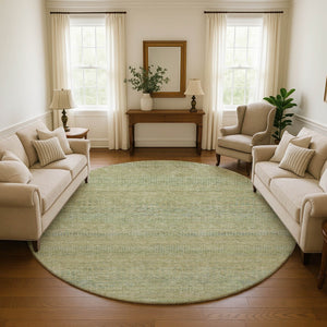 HomeRoots 8' Wheat Gold and Green Striped Round Rug - Washable, Stain Resistant, UV Protected, Non-Slip Design 695513