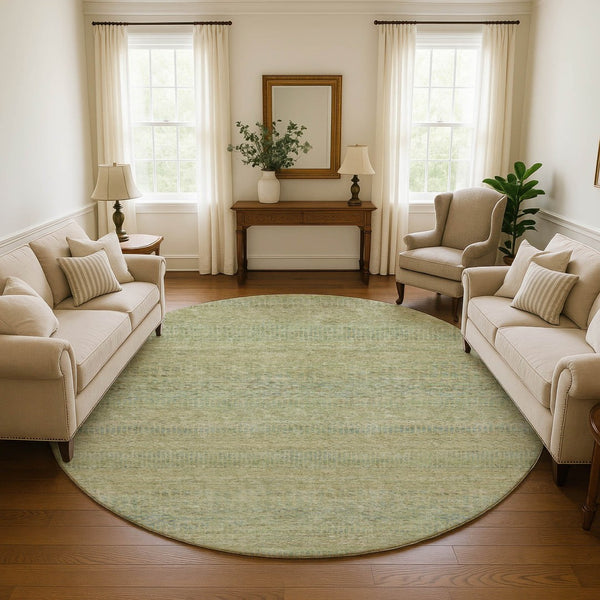 HomeRoots 8' Wheat Gold and Green Striped Round Rug - Washable, Stain Resistant, UV Protected, Non-Slip Design 695513