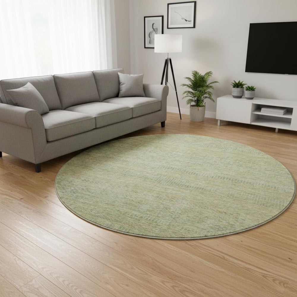 HomeRoots 8' Wheat Gold and Green Striped Round Rug - Washable, Stain Resistant, UV Protected, Non-Slip Design 695513