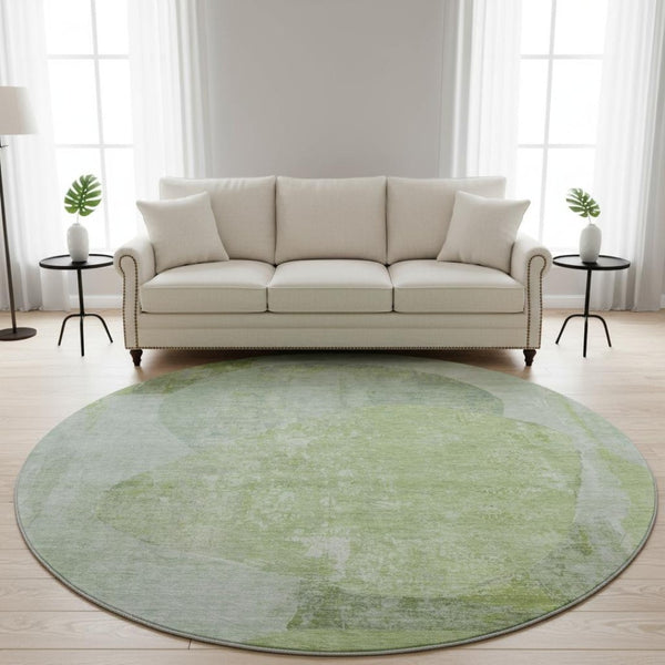 HomeRoots 8' Artichoke Green Abstract Washable Round Rug - UV Protected, Stain-Resistant & Non-Slip Design 695519