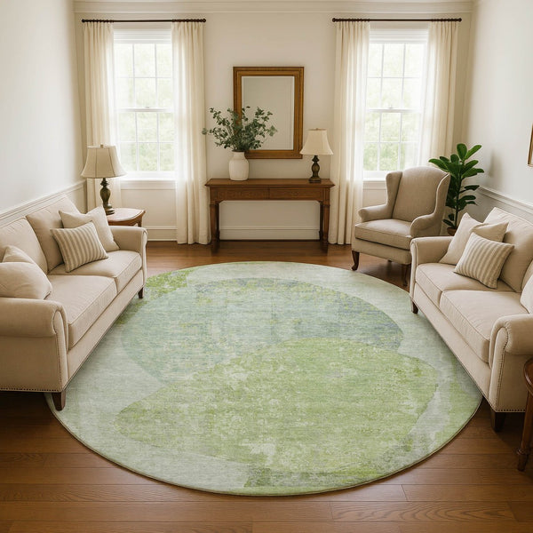 HomeRoots 8' Artichoke Green Abstract Washable Round Rug - UV Protected, Stain-Resistant & Non-Slip Design 695519