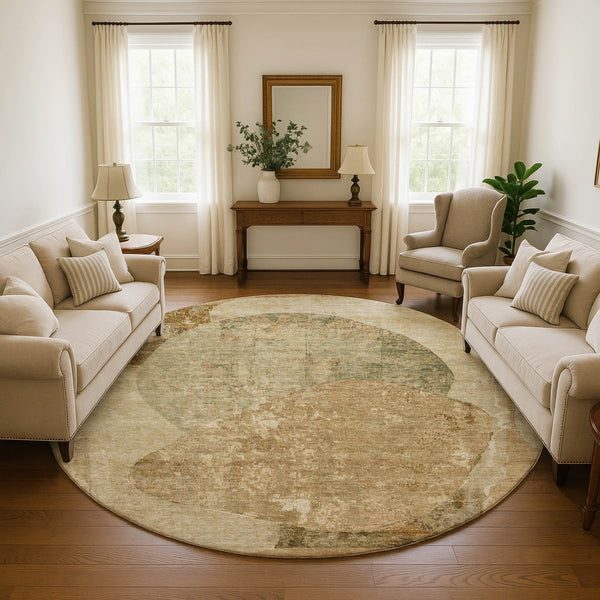 HomeRoots 8' Washable Round Rug in Brown and Beige - Modern Abstract Design with UV Protection & Stain Resistance 695525