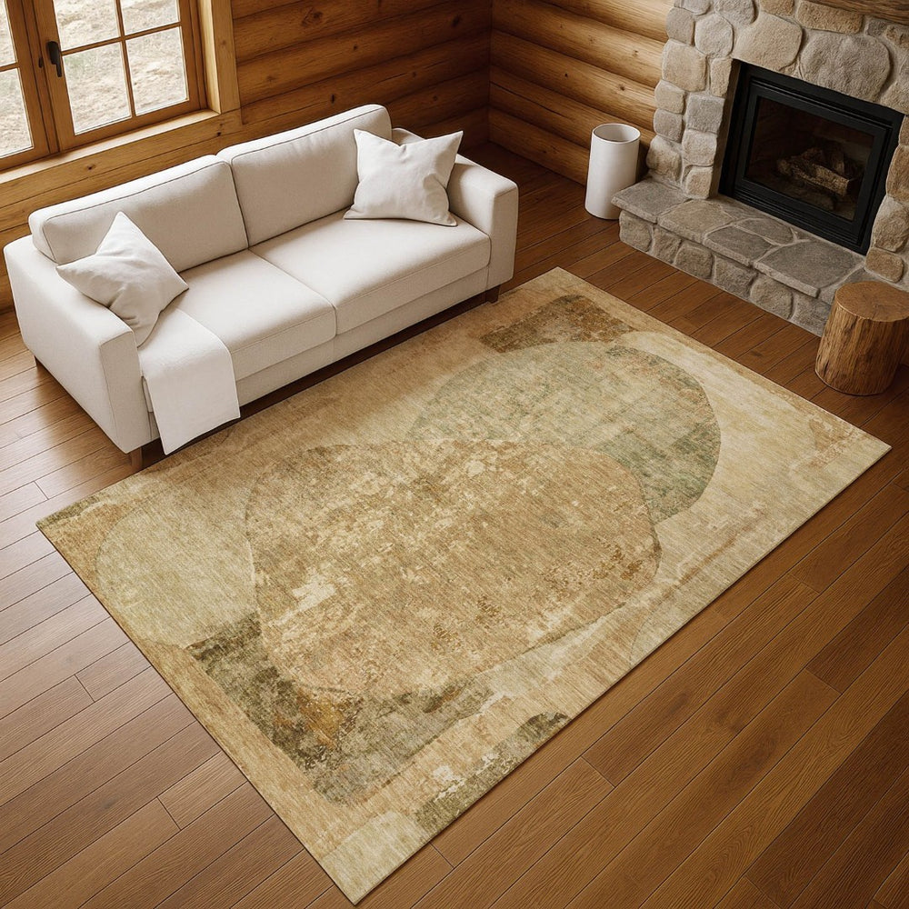 HomeRoots 9' X 12' Stylish Brown and Beige Abstract Washable Area Rug with UV Protection for High Traffic Areas 695527