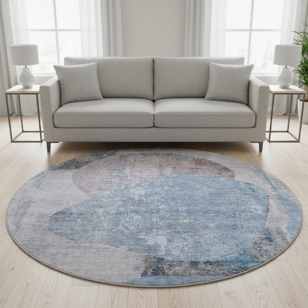 HomeRoots 8' Stylish Blue Gray Abstract Round Rug - Washable, Durable, UV Protected for High-Traffic Areas! 695531