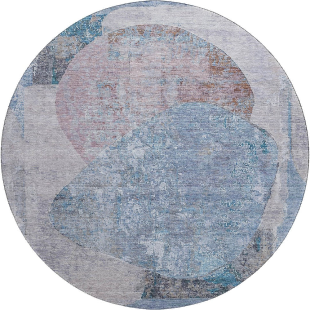 HomeRoots 8' Stylish Blue Gray Abstract Round Rug - Washable, Durable, UV Protected for High-Traffic Areas! 695531