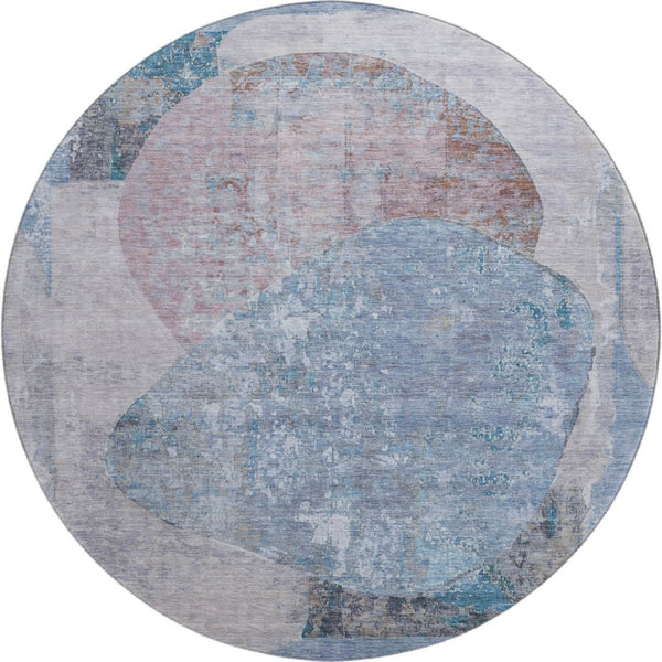 HomeRoots 8' Stylish Blue Gray Abstract Round Rug - Washable, Durable, UV Protected for High-Traffic Areas! 695531