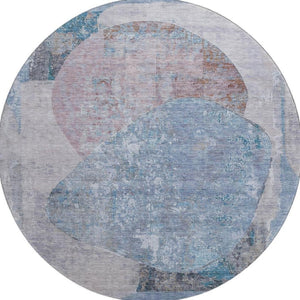 HomeRoots 8' Stylish Blue Gray Abstract Round Rug - Washable, Durable, UV Protected for High-Traffic Areas! 695531
