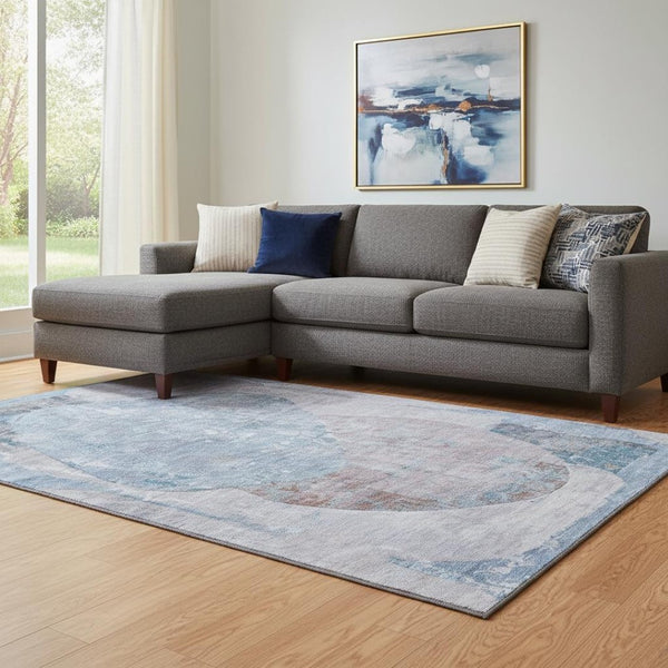 HomeRoots 8' X 10' Chic Blue-Gray Abstract Area Rug - Washable, UV Protected, Durable for High-Traffic Spaces 695532