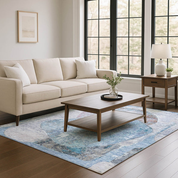 HomeRoots 8' X 10' Chic Blue-Gray Abstract Area Rug - Washable, UV Protected, Durable for High-Traffic Spaces 695532