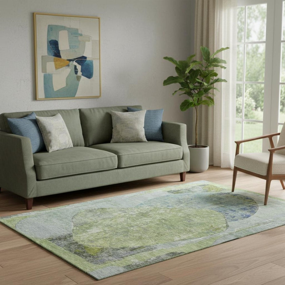 HomeRoots 5' X 8' Washable Green Purple Silver Abstract Area Rug with UV Protection for Modern Spaces 695536