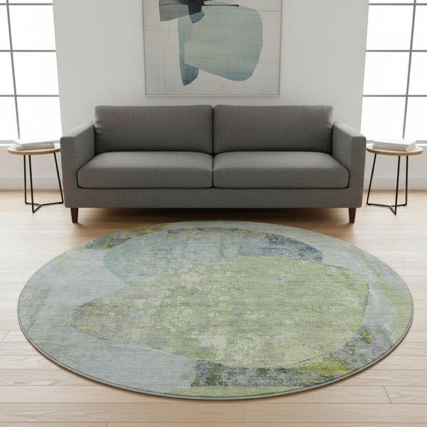 HomeRoots 8' Contemporary Green, Purple & Silver Abstract Round Rug - Washable, UV-Protected, Durable Design! 695537