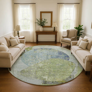 HomeRoots 8' Contemporary Green, Purple & Silver Abstract Round Rug - Washable, UV-Protected, Durable Design! 695537