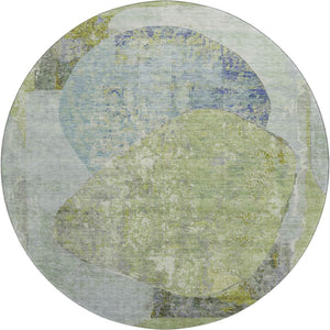 HomeRoots 8' Contemporary Green, Purple & Silver Abstract Round Rug - Washable, UV-Protected, Durable Design! 695537