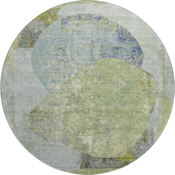 HomeRoots 8' Contemporary Green, Purple & Silver Abstract Round Rug - Washable, UV-Protected, Durable Design! 695537