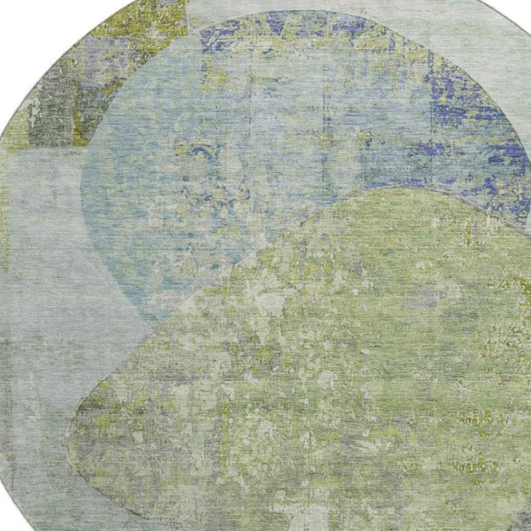 HomeRoots 8' Contemporary Green, Purple & Silver Abstract Round Rug - Washable, UV-Protected, Durable Design! 695537