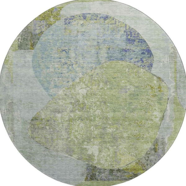 HomeRoots 8' Contemporary Green, Purple & Silver Abstract Round Rug - Washable, UV-Protected, Durable Design! 695537