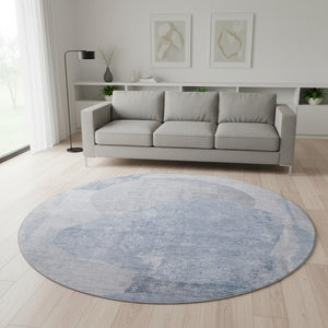 HomeRoots 8' Sky Blue Gray and Silver Abstract Round Rug - Washable, UV Protected, Stain Resistant Design! 695549