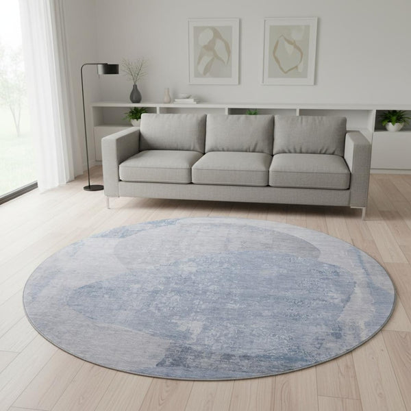 HomeRoots 8' Sky Blue Gray and Silver Abstract Round Rug - Washable, UV Protected, Stain Resistant Design! 695549