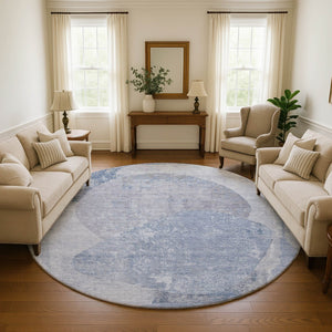 HomeRoots 8' Sky Blue Gray and Silver Abstract Round Rug - Washable, UV Protected, Stain Resistant Design! 695549