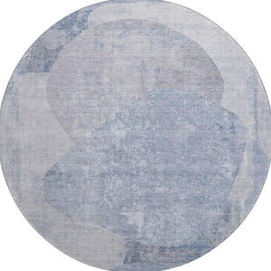 HomeRoots 8' Sky Blue Gray and Silver Abstract Round Rug - Washable, UV Protected, Stain Resistant Design! 695549