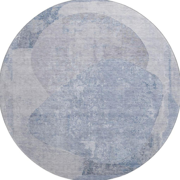 HomeRoots 8' Sky Blue Gray and Silver Abstract Round Rug - Washable, UV Protected, Stain Resistant Design! 695549