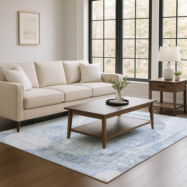 HomeRoots 9' X 12' Stylish Sky Blue Gray Silver Abstract Area Rug - UV Protected, Washable & Stain Resistant! 695551