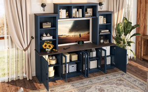 English Elm Wall Unit Entertainment Center with Built in Charging Mdf Media Console Open Shelving Blue W1580S00437